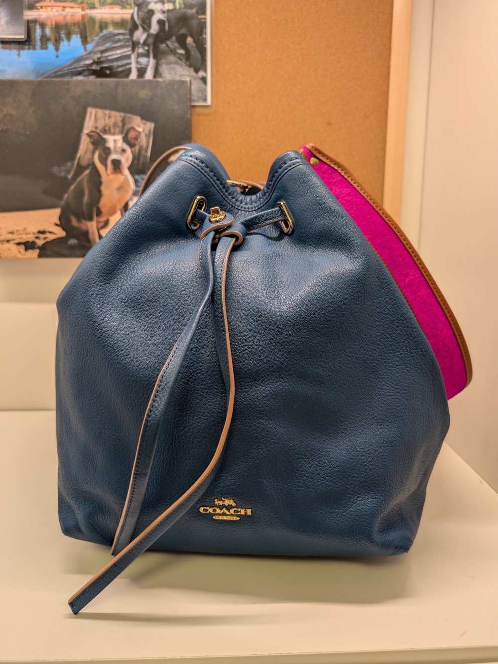 Coach Denim Blue Leather Bucket Bag with Gold Hardware